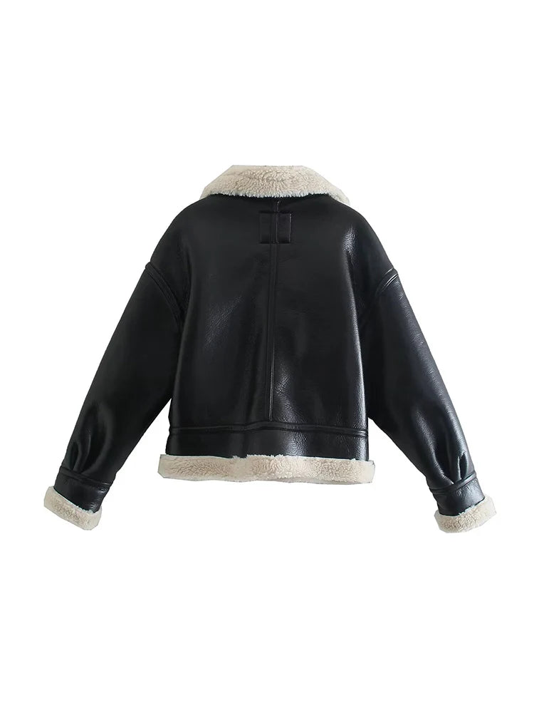 FZ women's soft fleece thick warm short PU leather jacket