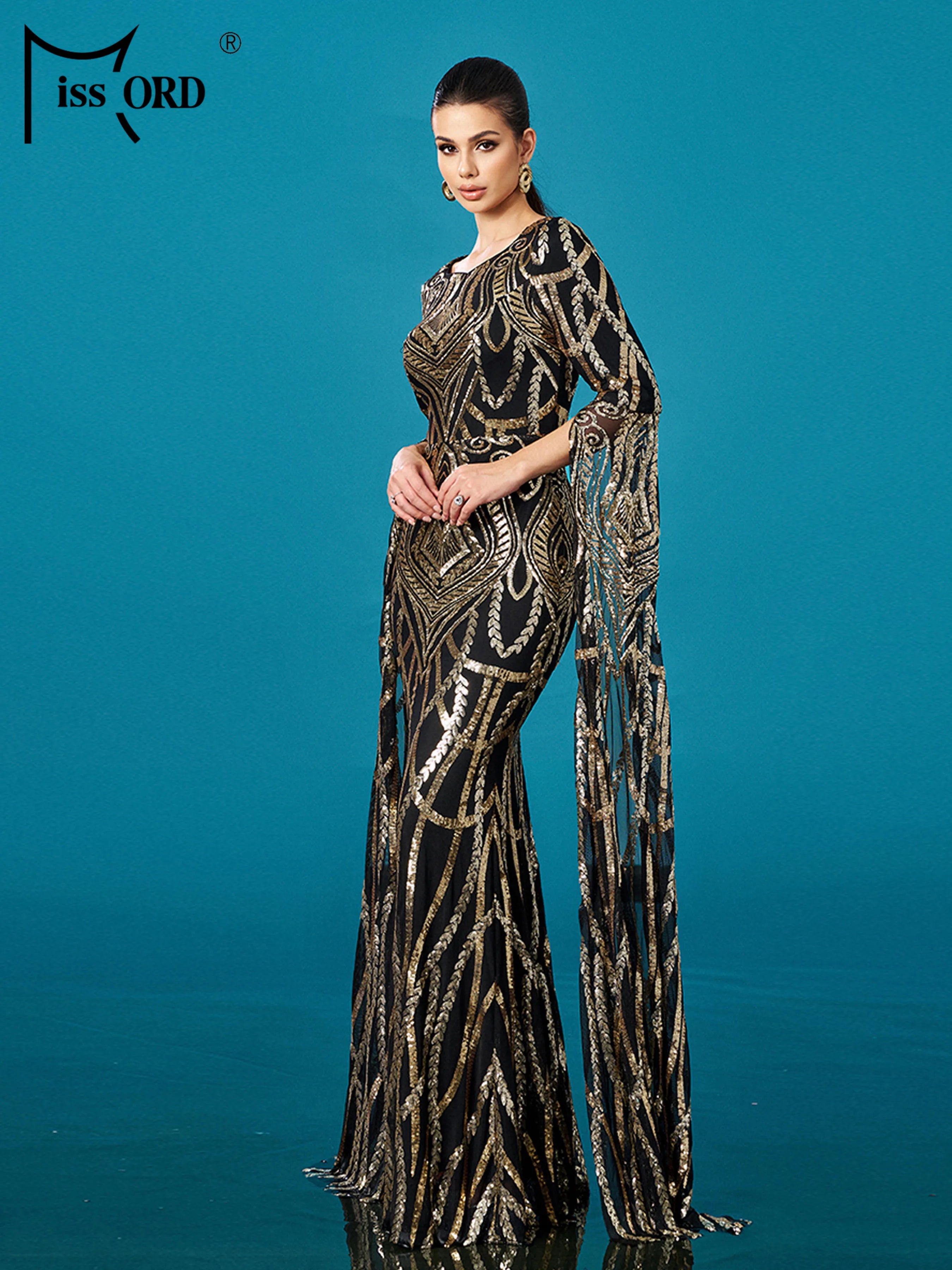 FZ Women's Round Neck Long Sleeved Sequin Mermaid Maxi Evening Dress