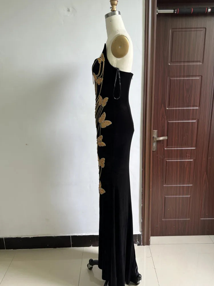 FZ Women's Sexy Off the Shoulder Bow Diamond Chain Velvet Elegant Evening Dress - FZwear