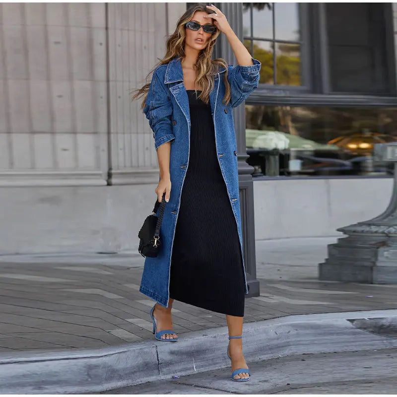 FZ Women's Belt Vintage Double Breasted Turndown Collar Denim Long Jacket - FZwear