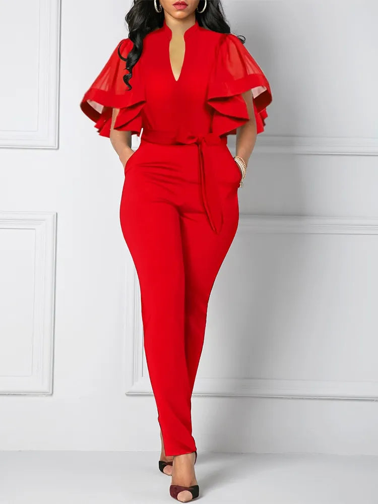 FZ Women's Elegant Mesh Petal Sleeve Lace Up Jumpsuit - FZwear