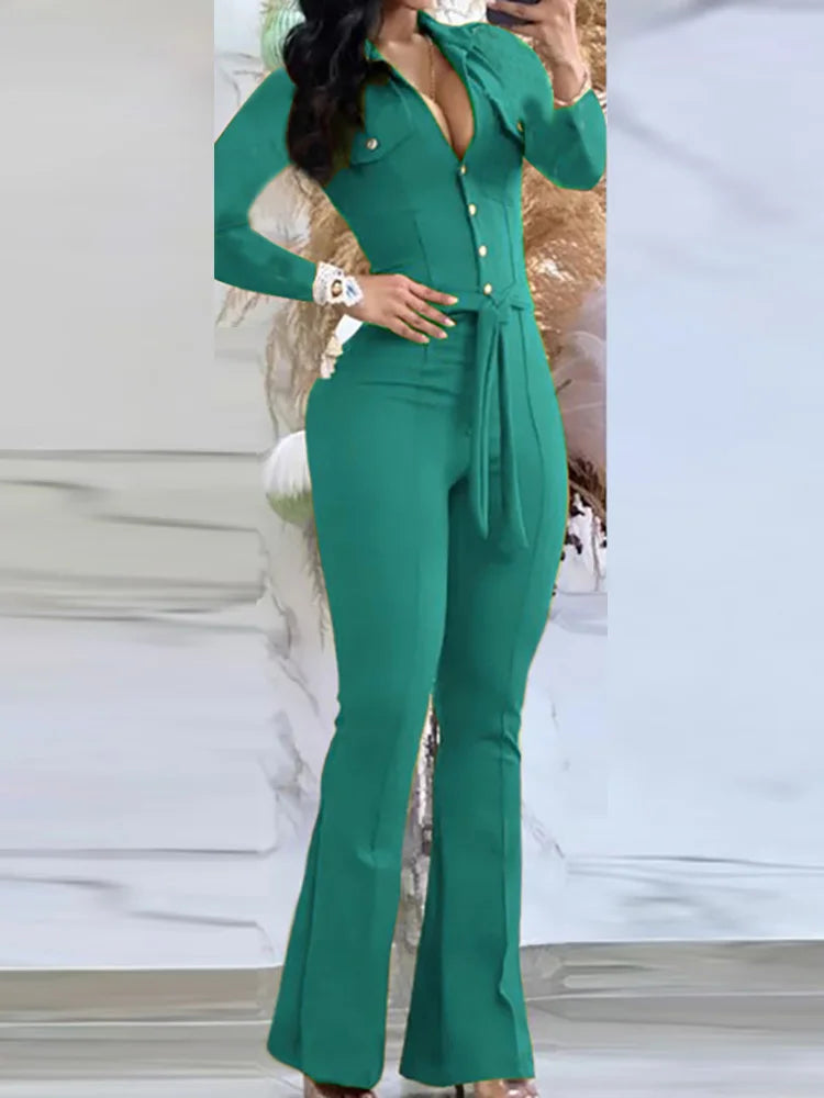 FZ Women's V-Neck Long Sleeve Solid Flare Bottom Jumpsuit - FZwear