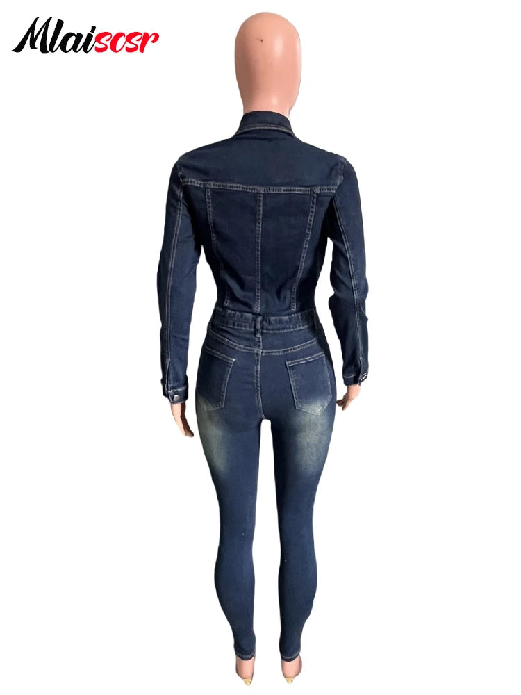 FZ Women's One Piece Turn Down Collar Pencil Foot Denim Jumpsuit