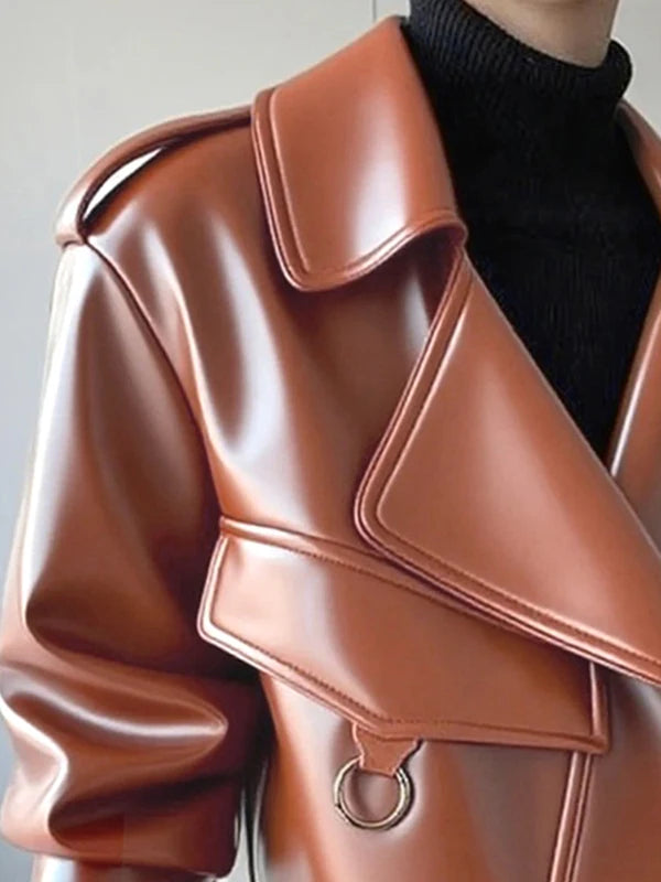 FZ Women's Vintage Long Sleeves Buttoned Faux PU Leather jacket