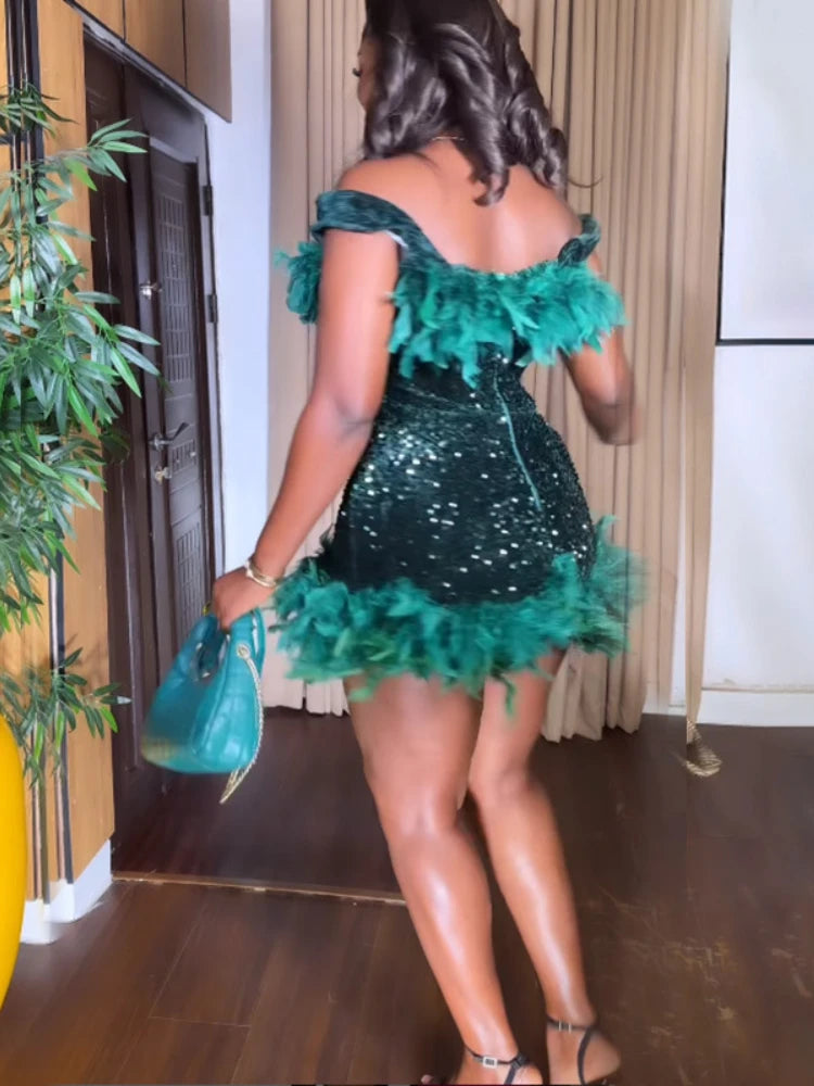 FZ Women's Sparkling A-line Luxury Off Shoulder Sequins Evening Dress - FZwear