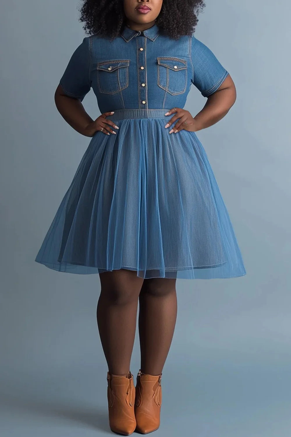 FZ Women's Plus Size Shirt Collar Short Sleeve Contrast Tulle Denim Dress