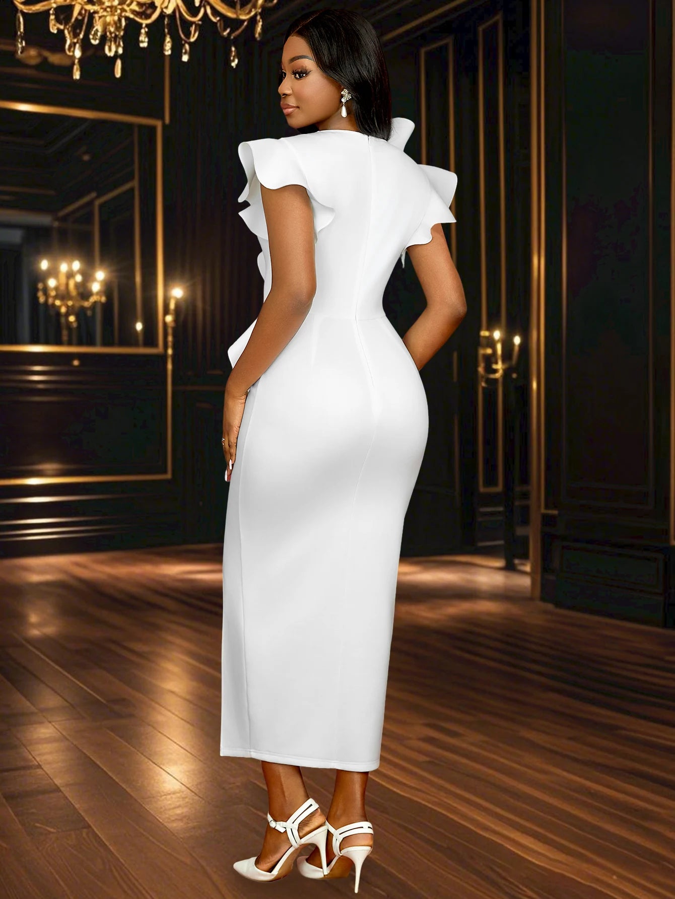 FZ Women's Ruffle Design V Neck Slim Fit Dress