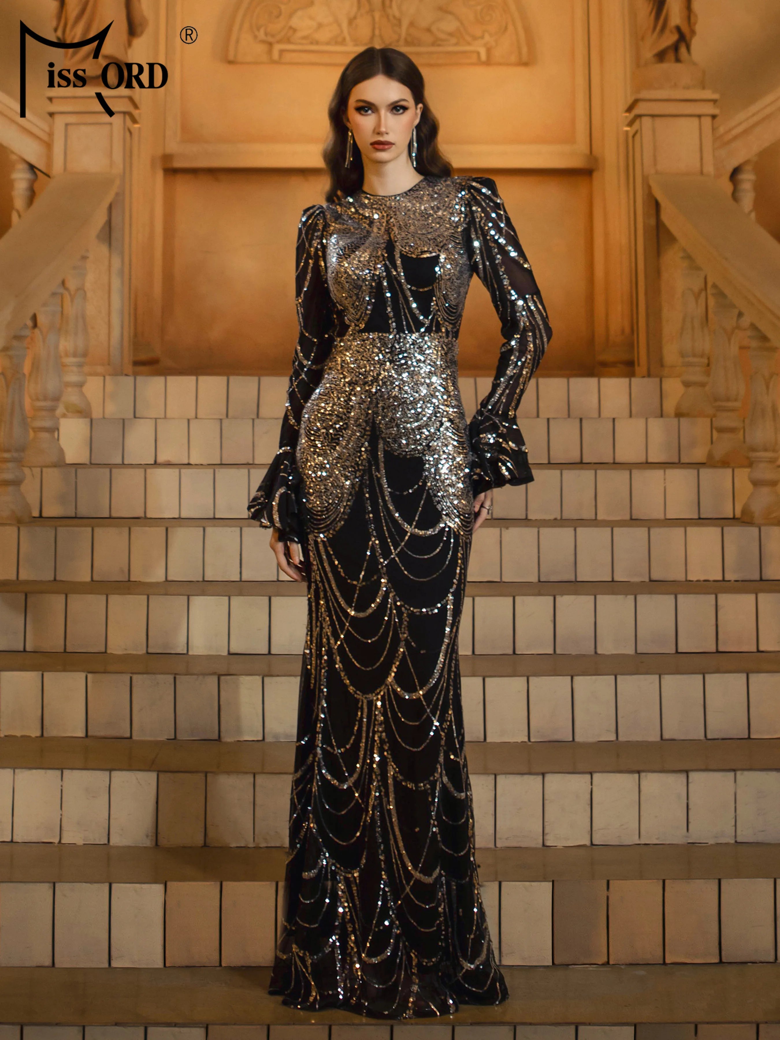 FZ Women's Round Neck Sequin Mermaid Cocktail Evening Dress