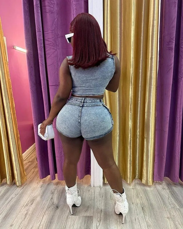 FZ Women's Stretch Sexy Tight Streetwear 2 Piece Denim Shorts Suit - FZwear