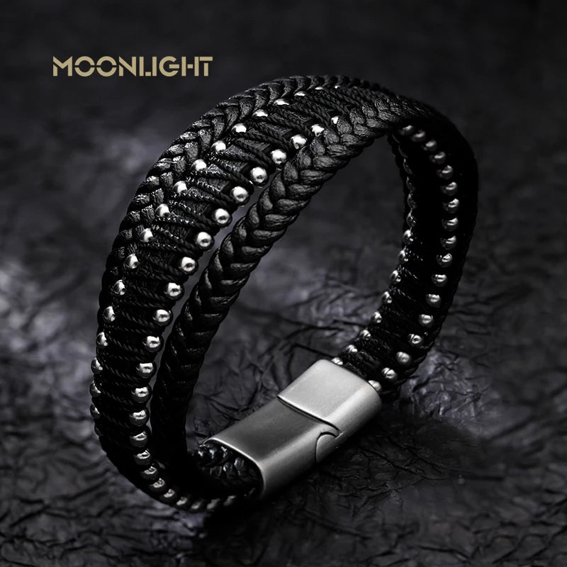 FZ Multi-layer Leather Handmade Stainless Steel Button Bracelet - FZwear