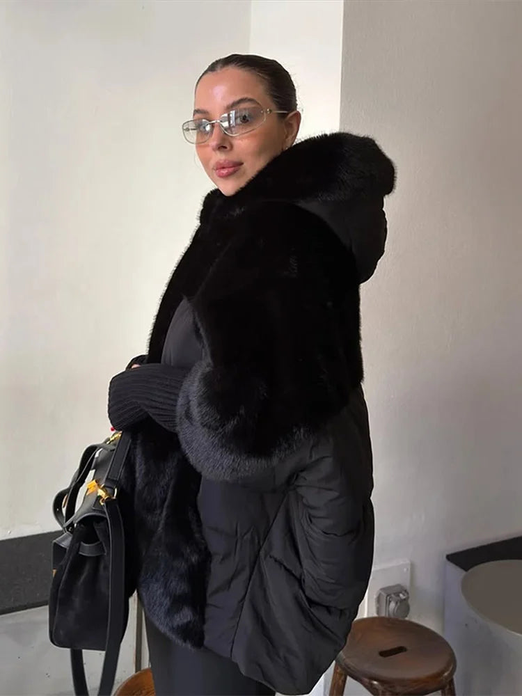 FZ Women's Hooded Patchwork Cotton Faux Fur Oversize Knitted Cuffs Jacket