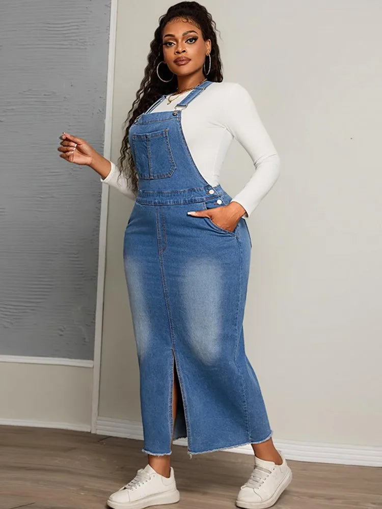 FZ Women's Plus Size Loose Street Style Halter Back Maxi Denim Dress