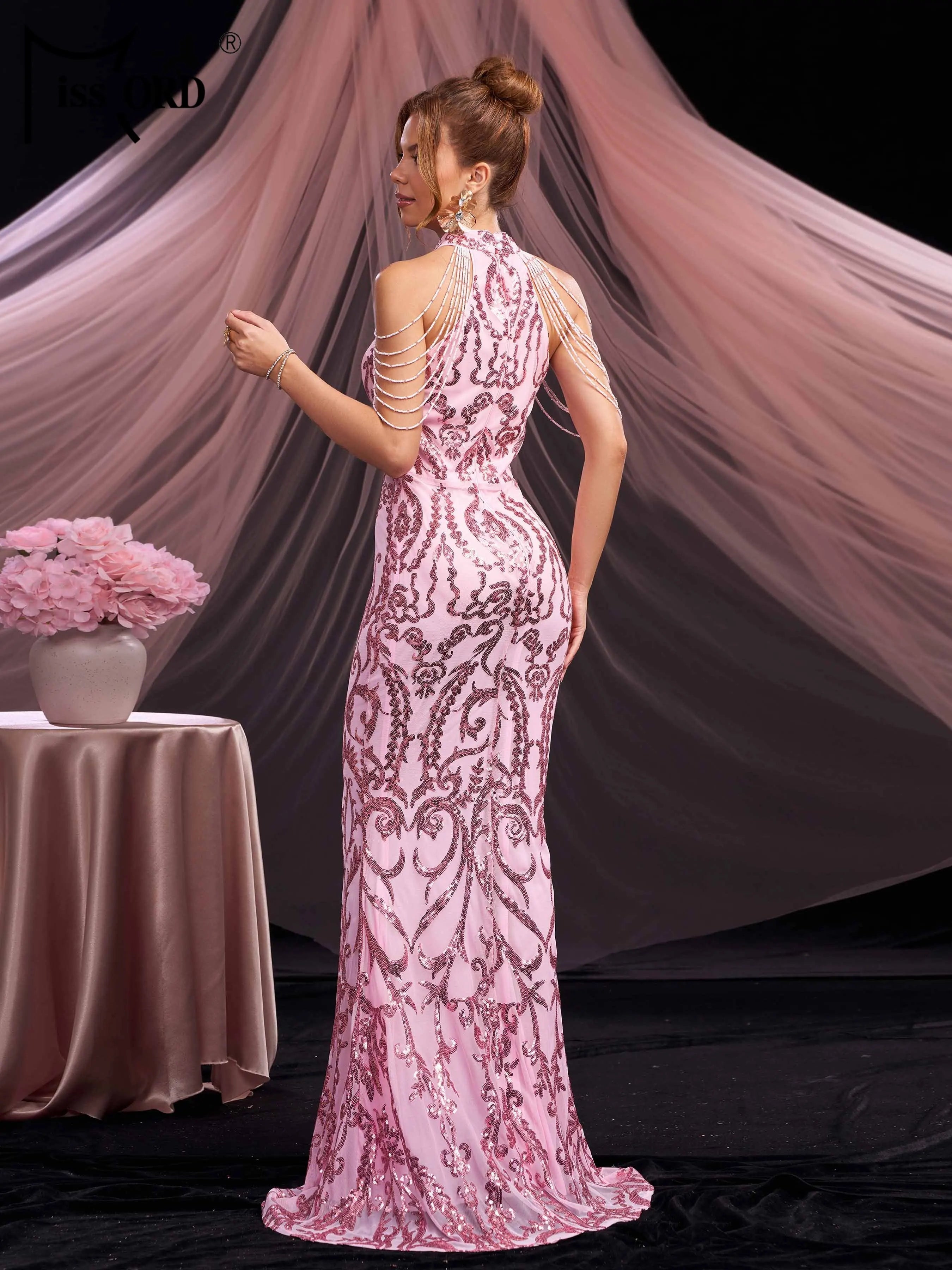 FZ Women's Round Neck Sequin Mermaid Evening Dress