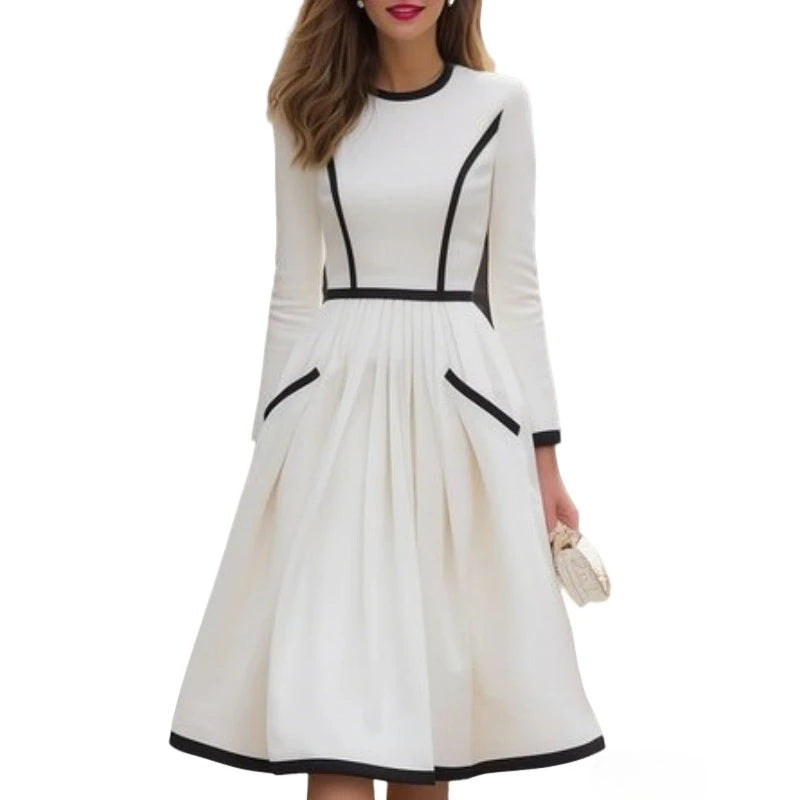 FZ Women's French Style Vintage Block Lines Flared Midi Dress
