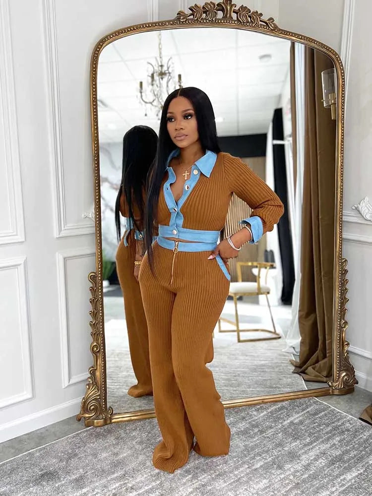 FZ Women's Long Sleeve Polo Cotton Ribbed 2 Piece Pants Suit