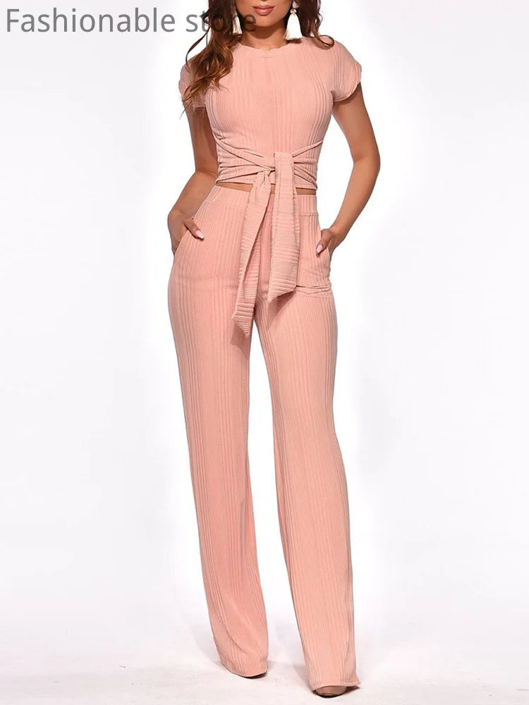 FZ Women's Tied Detail Crop Top & Wide Leg Pants Suit - FZwear