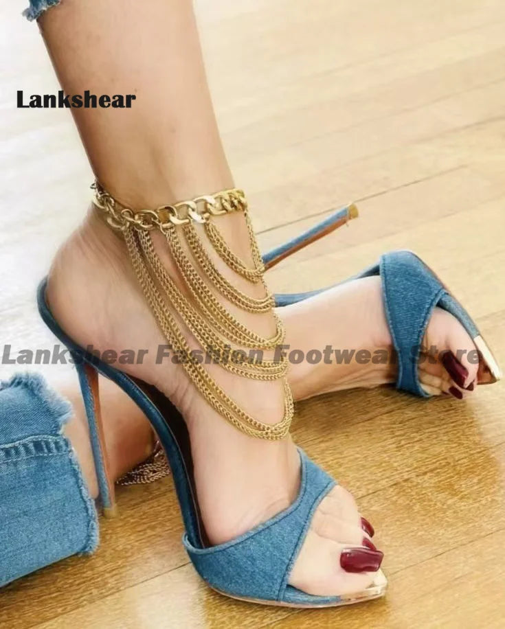 FZ Women's Open Toe Mules Thin Blue Denim High Heel Shoes