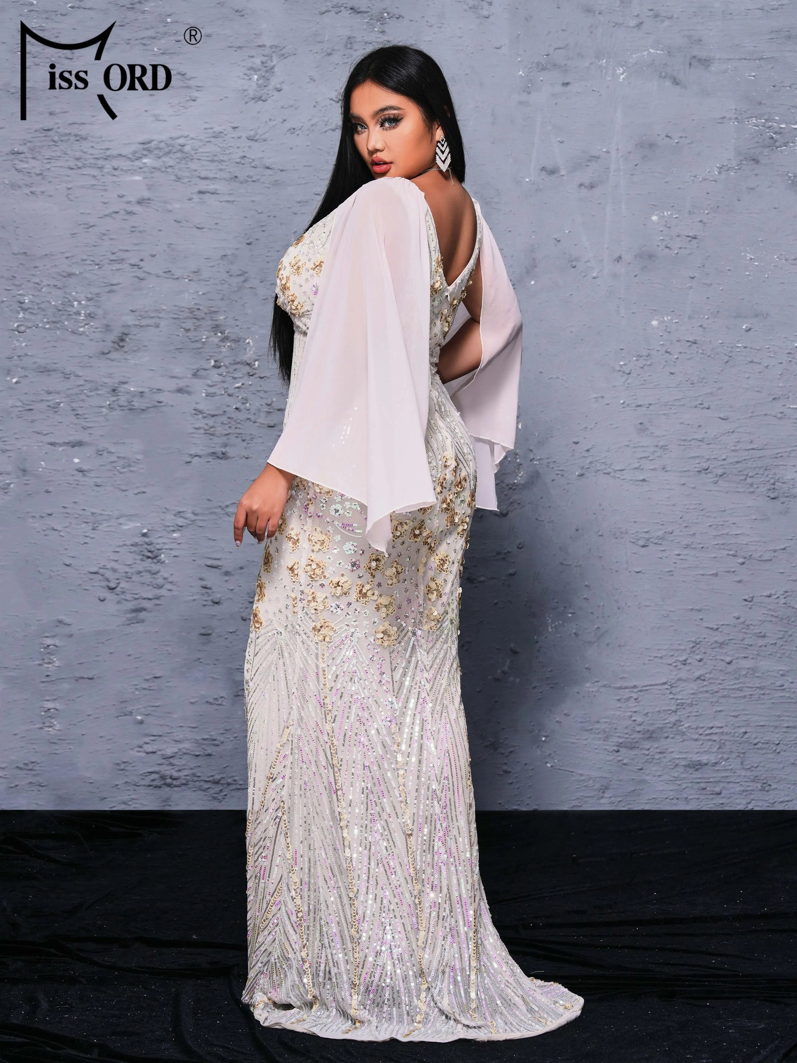 FZ Women's Plus Size V Neck Sequin Mermaid Floor Length Evening Dress