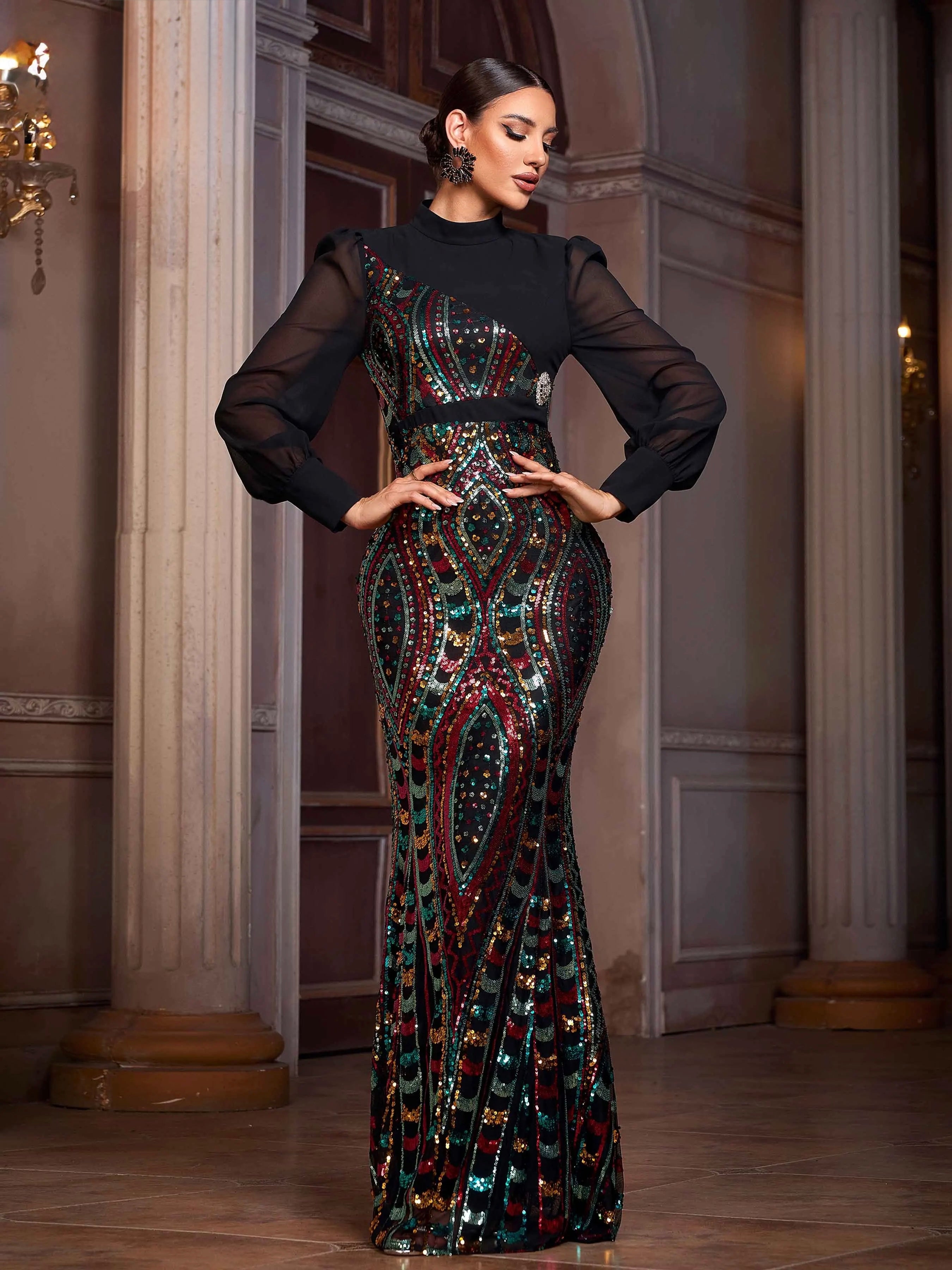 FZ Women's Round Neck Panel Geometric Sequin Mermaid Evening Dress