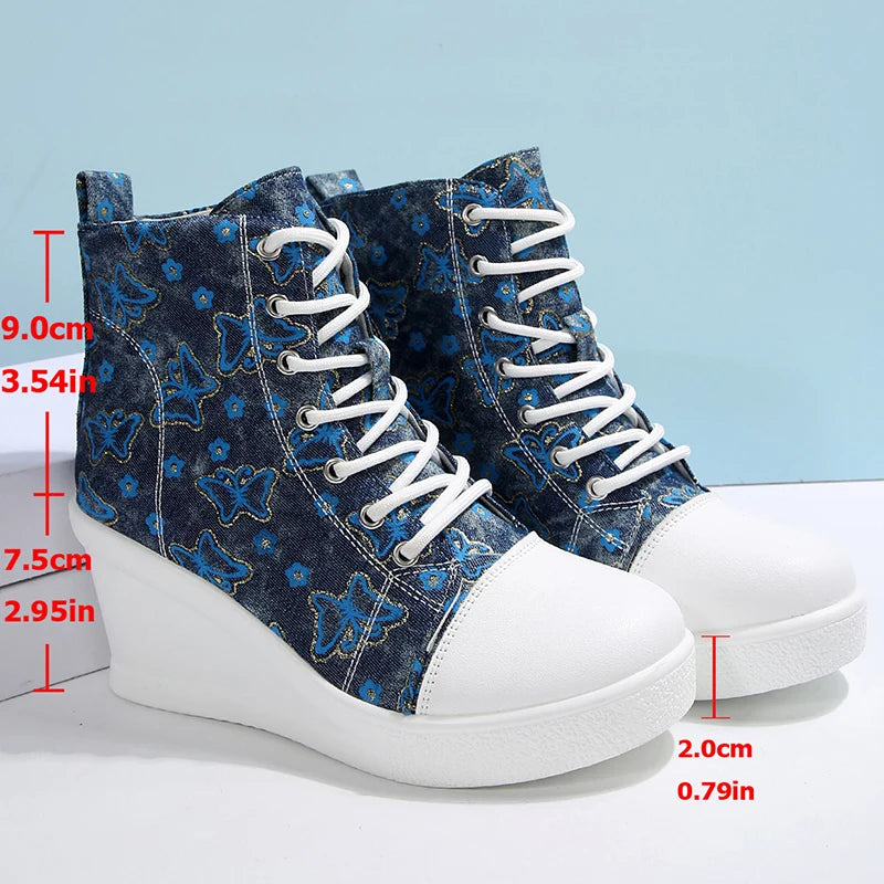 FZ Women's High Top Platform Lightweight Non Slip Lace Up Print Wedge Sneakers