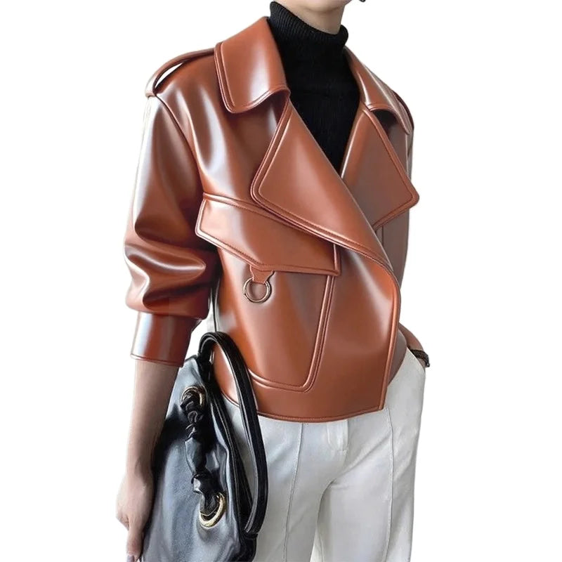 FZ Women's Vintage Long Sleeves Buttoned Faux PU Leather jacket