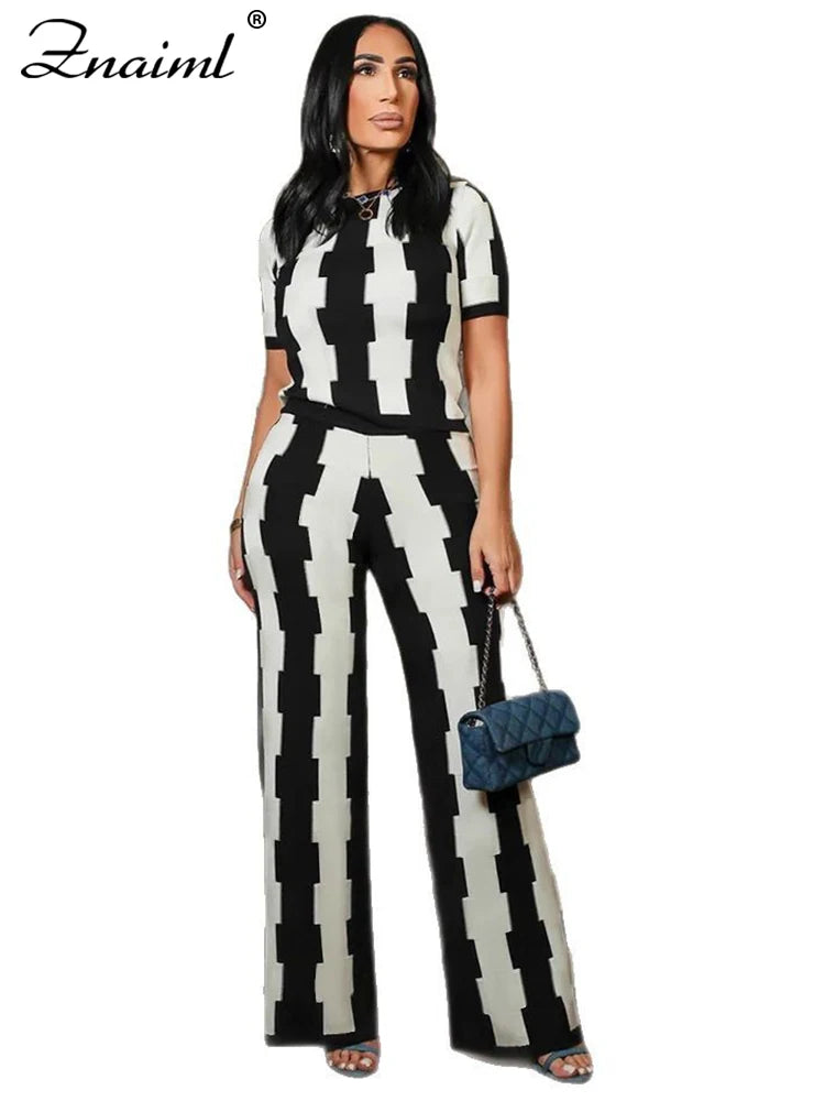 FZ Women's Striped Print Short Sleeve Wide Leg 2 Piece Pants Suit
