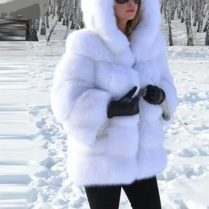 FZ Women's Faux Fur Hooded Zipper Full Sleeve Thick Warm Open Stitch Coat Jacket