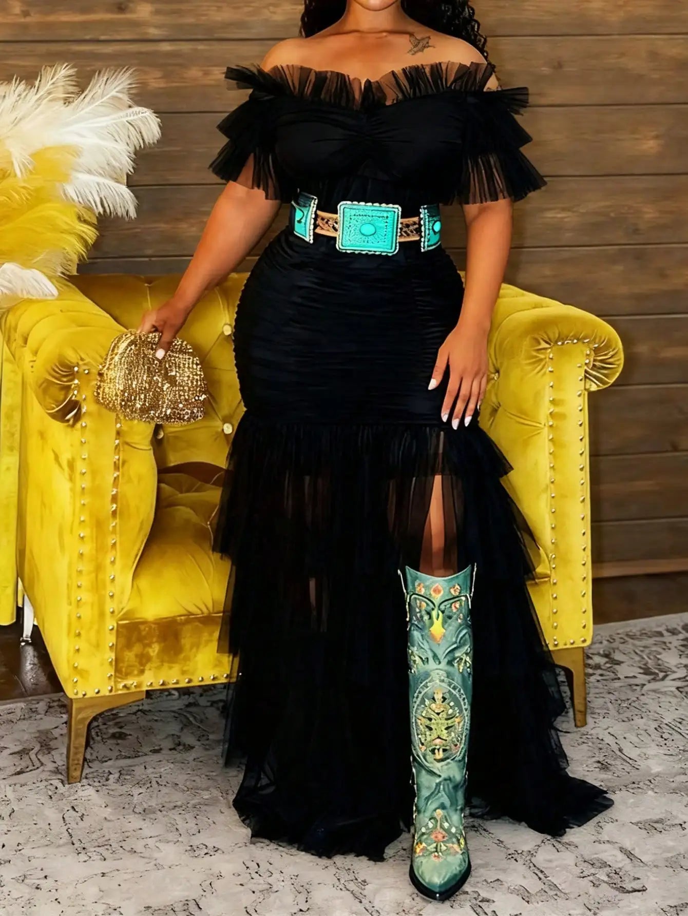 FZ Women's Plus Size Off-Shoulder Ruched with Tiered Tulle Maxi Dress