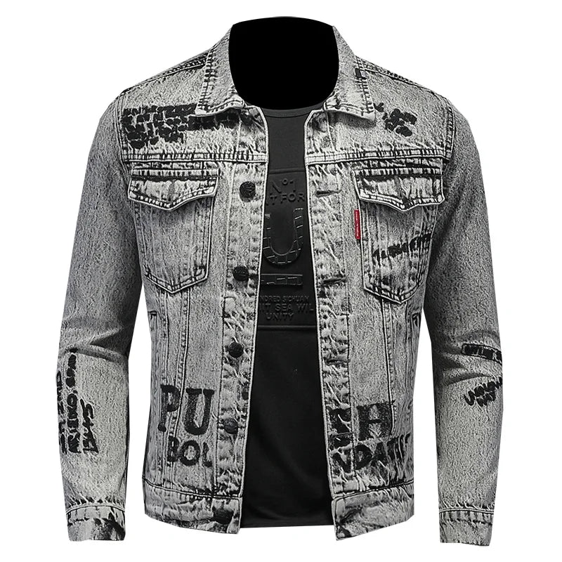 FZ Men's Snowflake Wash Letters Denim Jacket