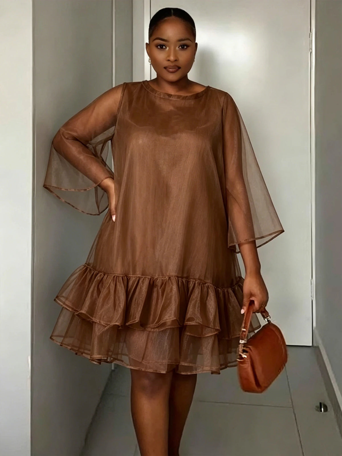 FZ Women's Plus Size Round Neck Sheer Tulle Flare Sleeve Mini Dress