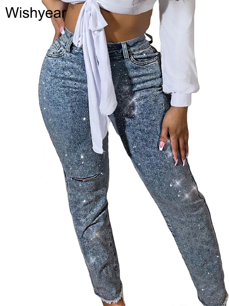 FZ Women's Skinny Stretch Diamonds Hole Pencil High Waist Washed Denim Pants