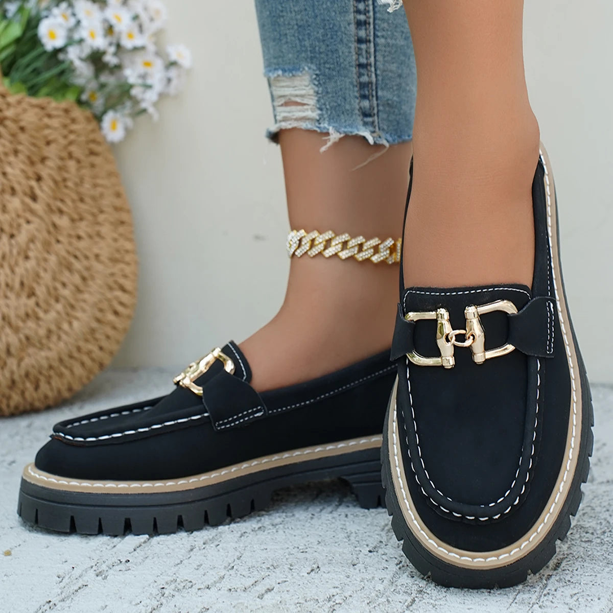 FZ Women's Loafers Retro British Style Thick Heel Shoes