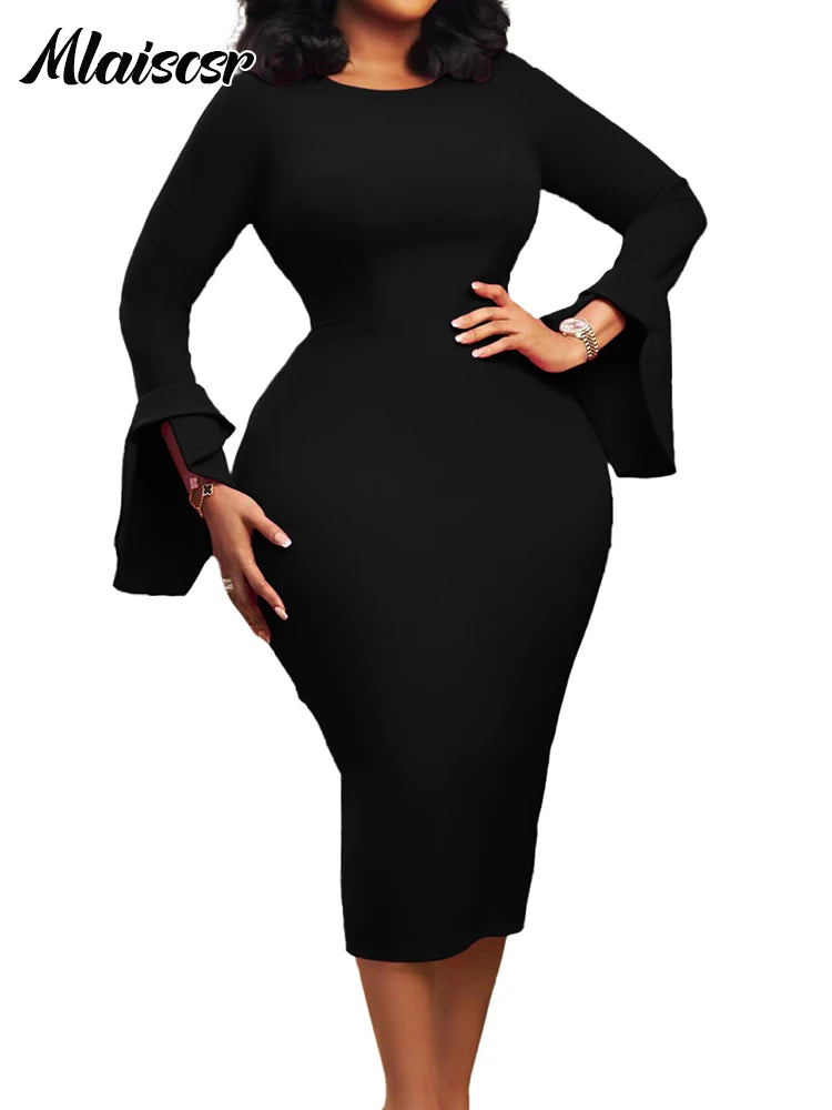 FZ Women's Long Flare Sleeves O Neck Mid Evening Dress