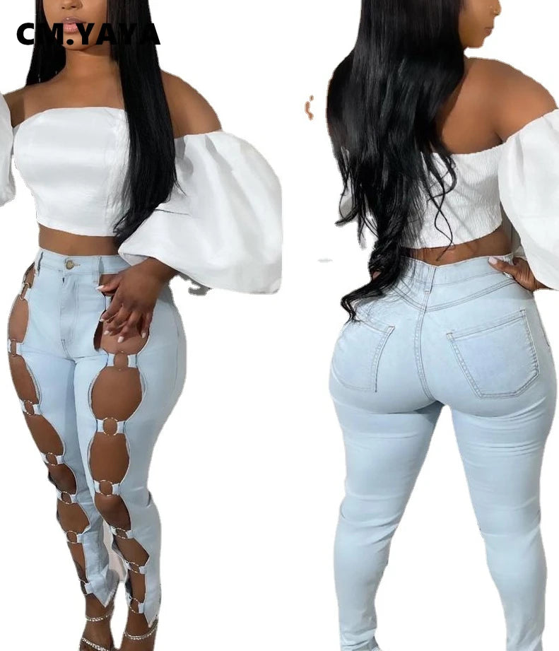 FZ Women's Streetwear Pencil Hollow Out Stretch Ripped Denim Pants