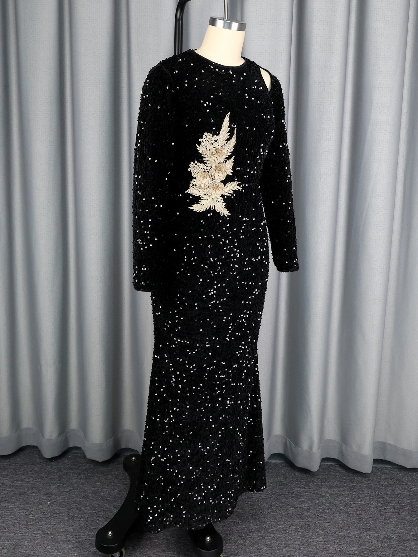 FZ Women's Long Sleeve Glitter Velvet Sequin Maxi Evening Dress