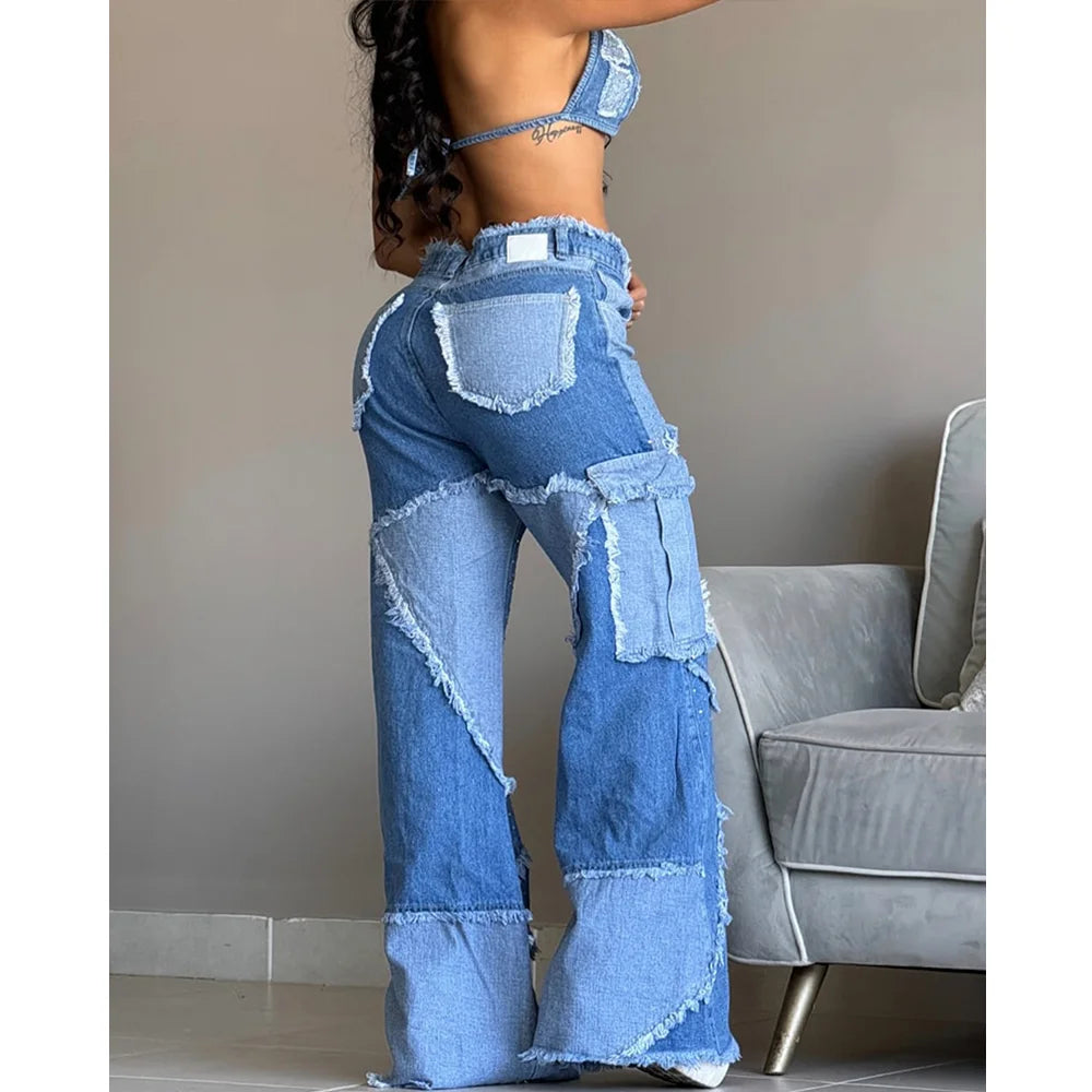 FZ Women's High Waist Wide Straight Leg Vintage Denim Pants