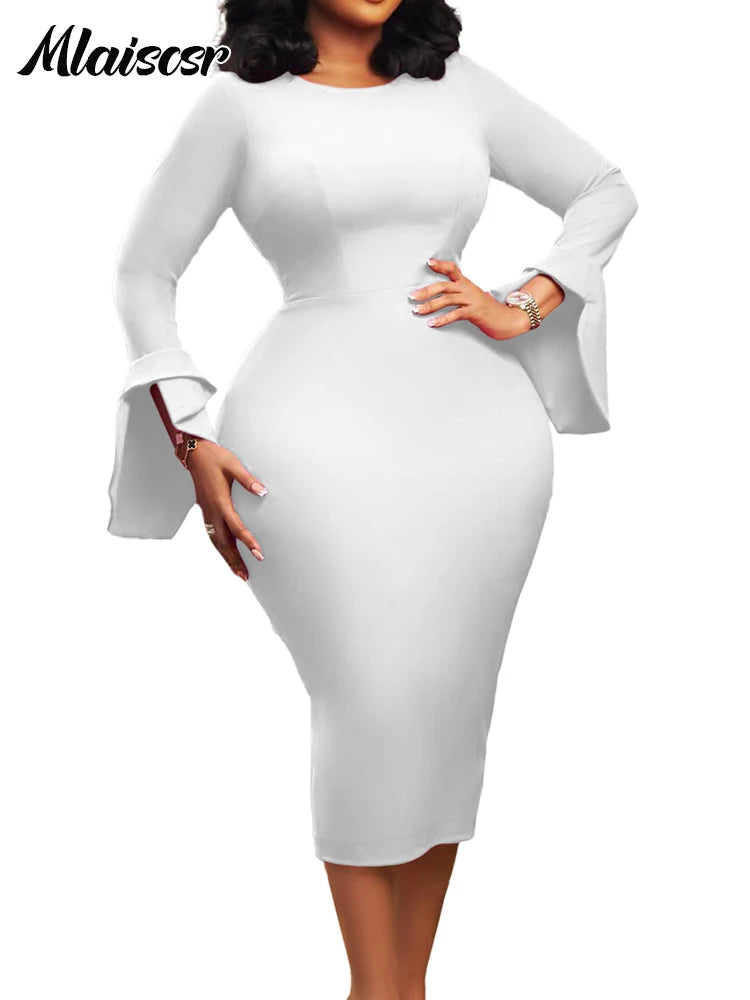 FZ Women's Long Flare Sleeves O Neck Mid Evening Dress