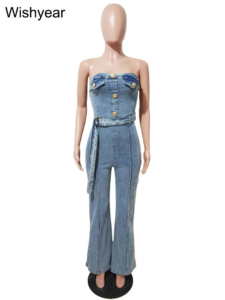 FZ Women's High Waist Hollow Out Wide Leg Off Shoulder Backless Denim Jumpsuit