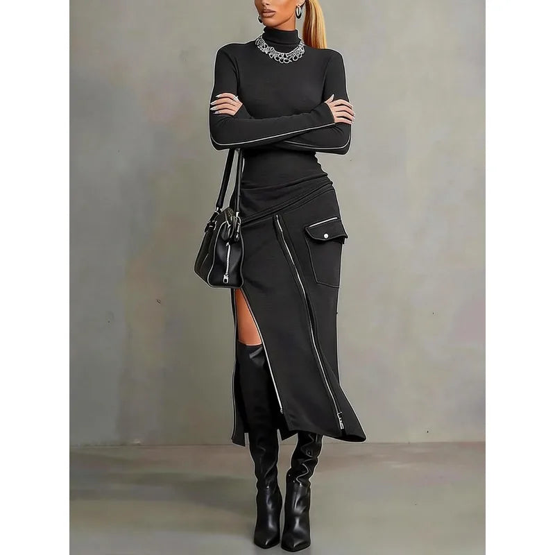 FZ Women's Asymmetric Y2k Turtleneck Long Sleeve Streetwear Dress