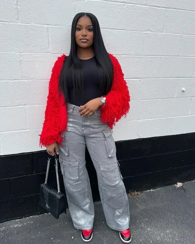 FZ Women's Silver Metallic Gilding Y2K High Waist Multi Pockets Cargo Pants