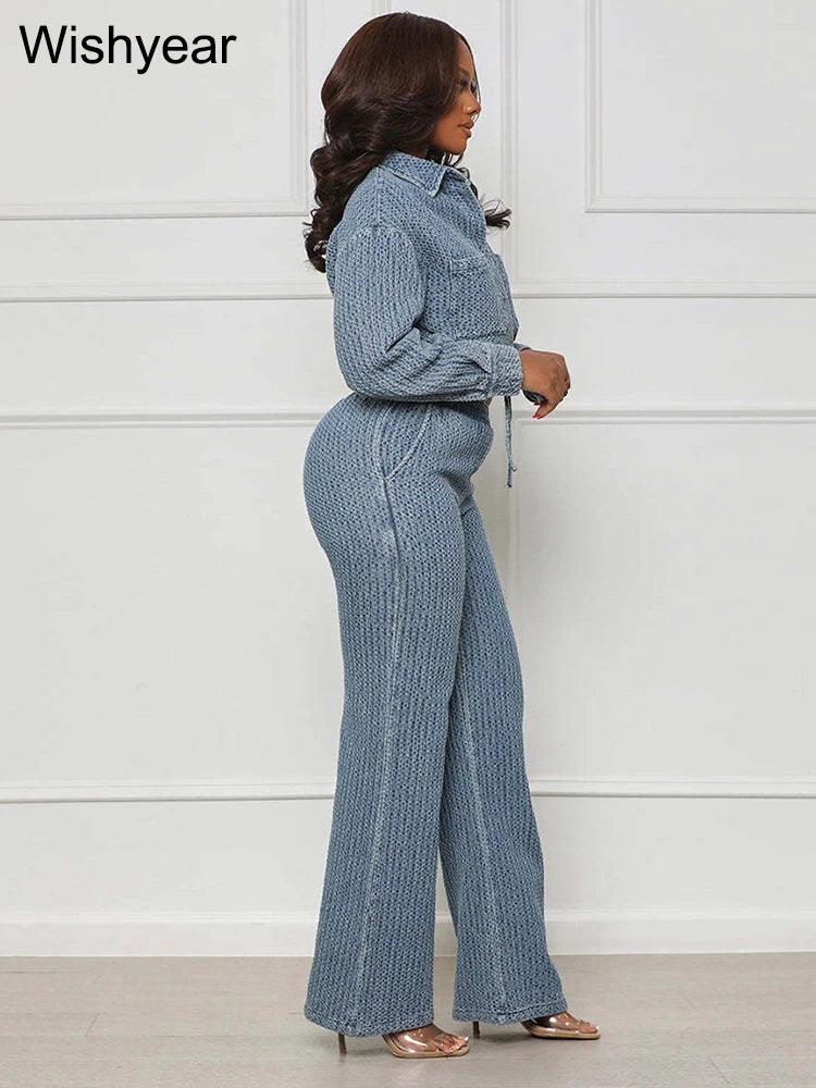 FZ Women's Elegant Denim Two Piece Drawstring Wide Leg Pants Suit - FZwear