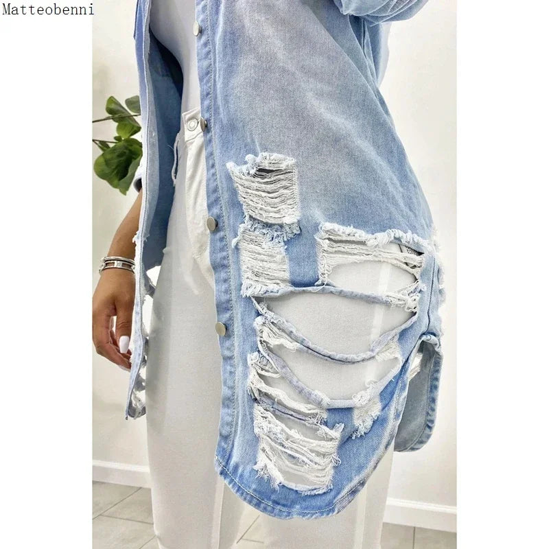 FZ Women's Sexy Ripped Oversized Denim Jacket - FZwear