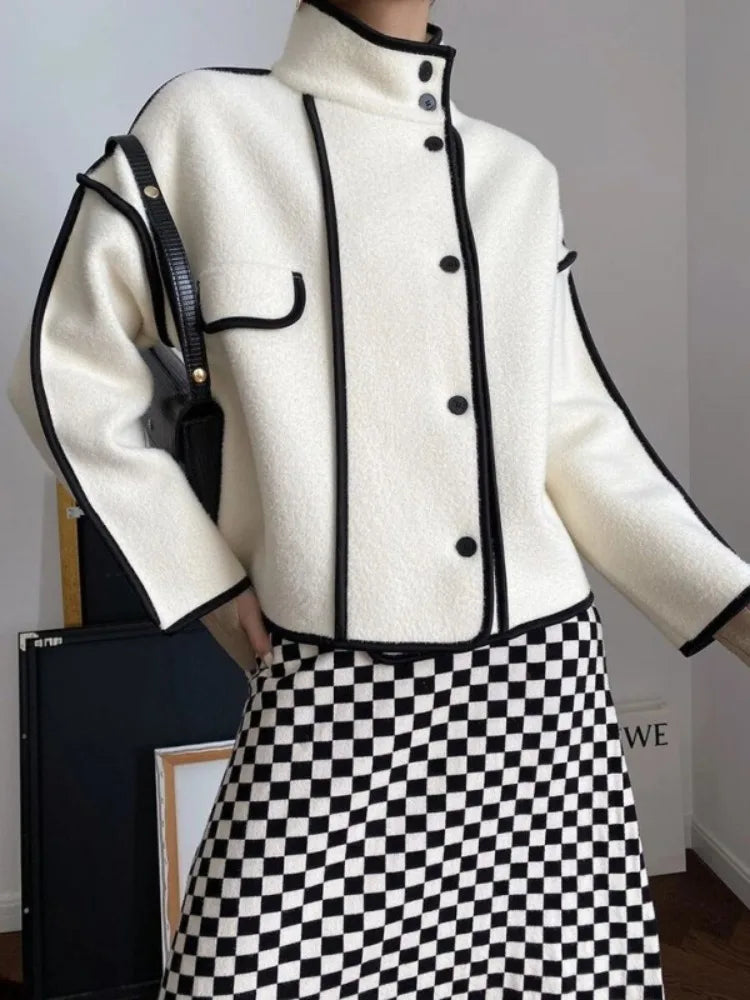 FZ Women's Simple Contrast Color High Neck Loose Fit Jacket