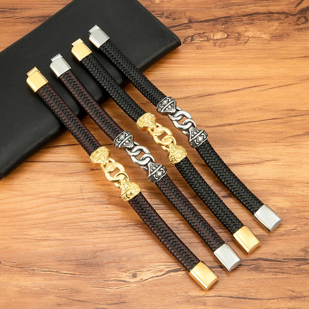 FZ Men's Stainless Steel Interlocking Leather Braided Bracelets