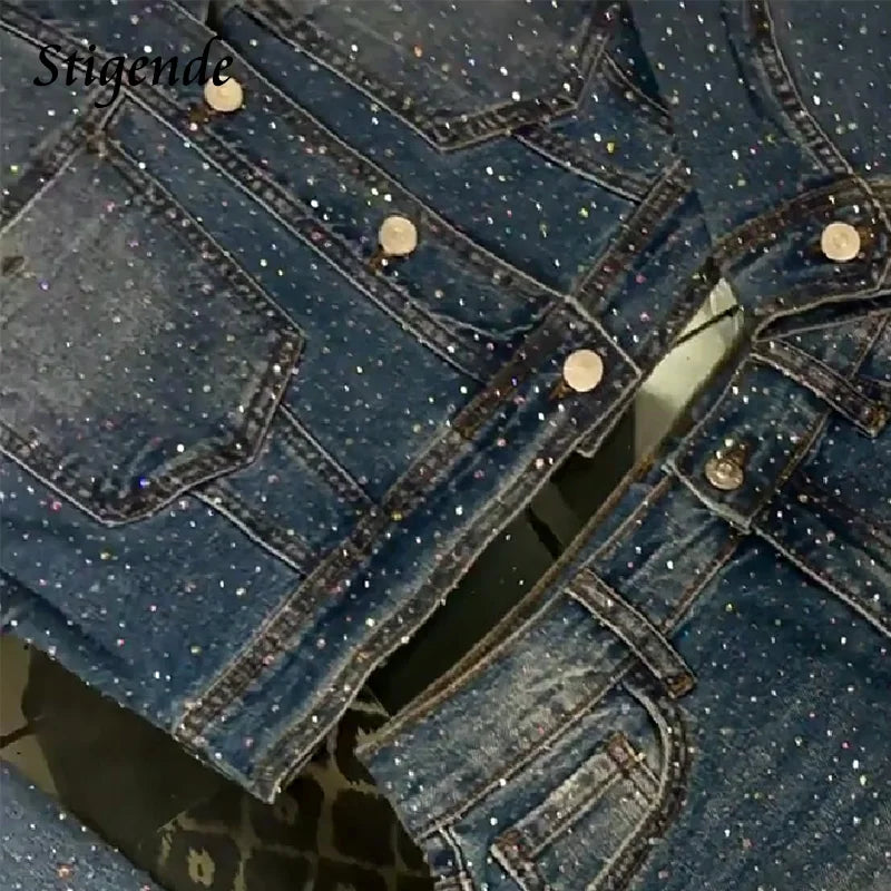 FZ Women's Glitter Rhinestone Ripped Shorts Sexy 2 Piece Denim Shorts Suit - FZwear