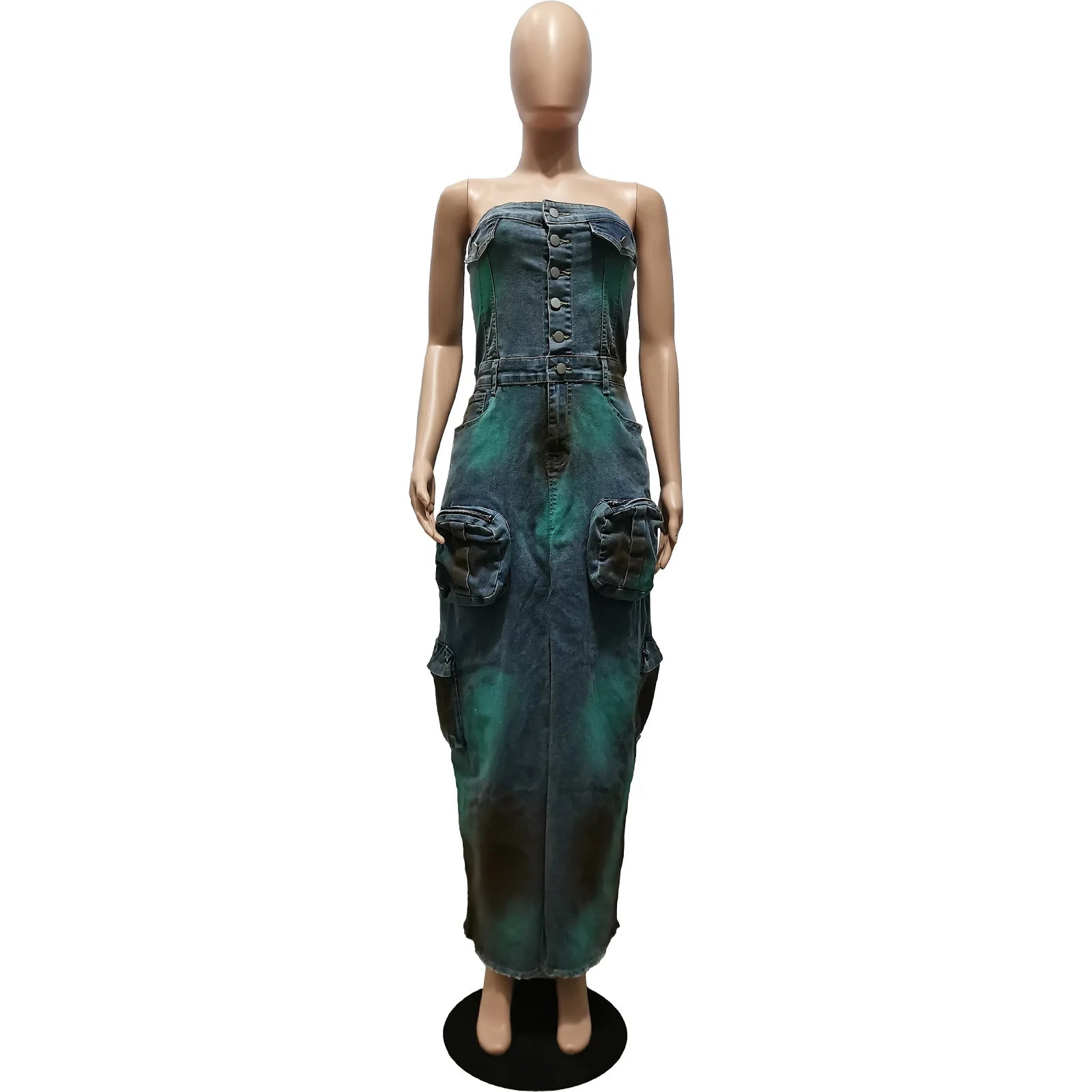 FZ Women's Multi Pockets Strapless Casual Maxi Split Denim Dress