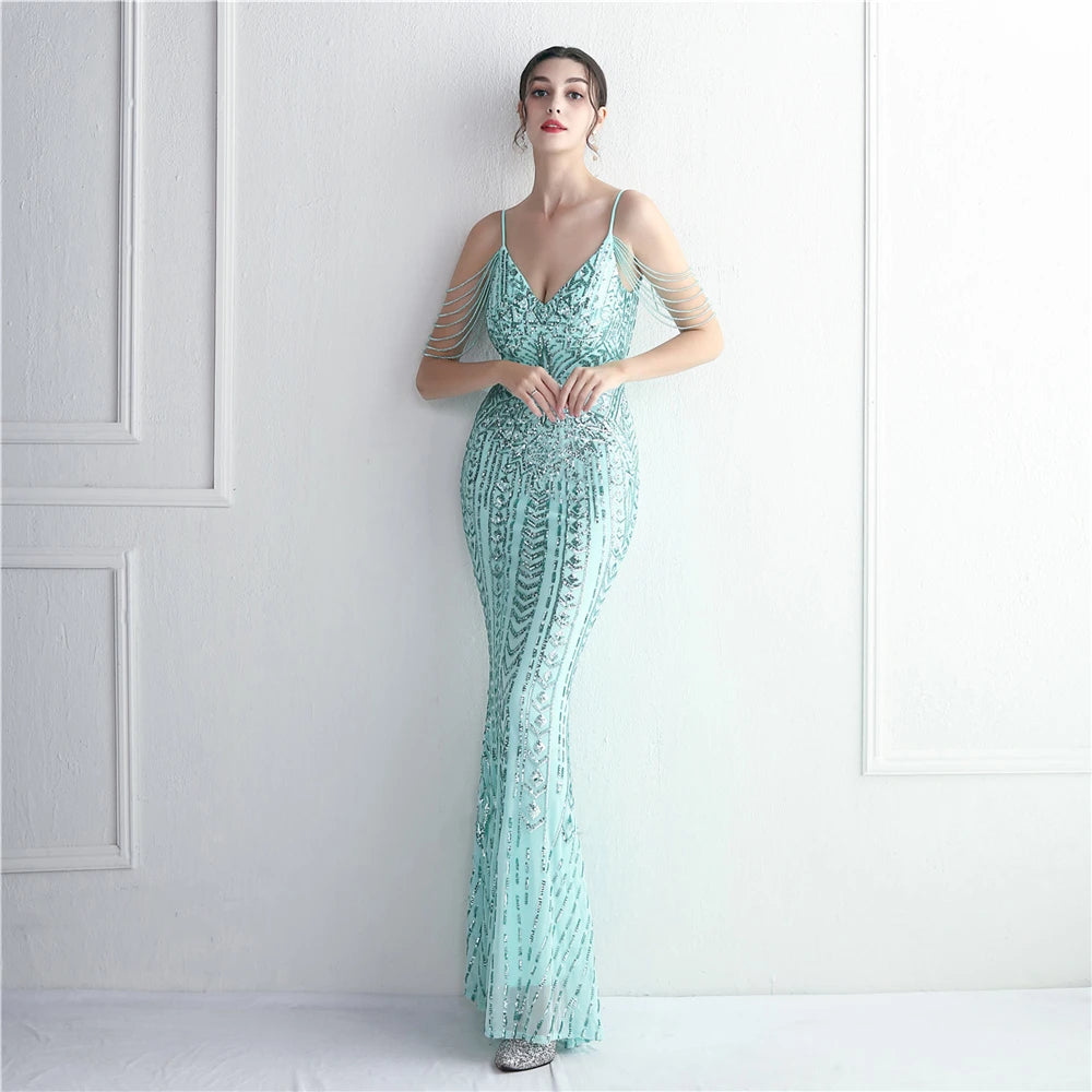 FZ Women's Sequin Long Strap Sleeveless V-neck Evening Dress