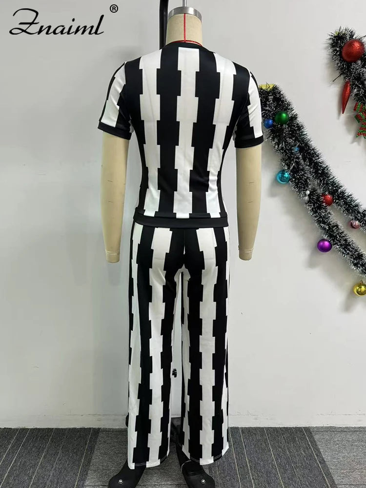 FZ Women's Striped Print Short Sleeve Wide Leg 2 Piece Pants Suit