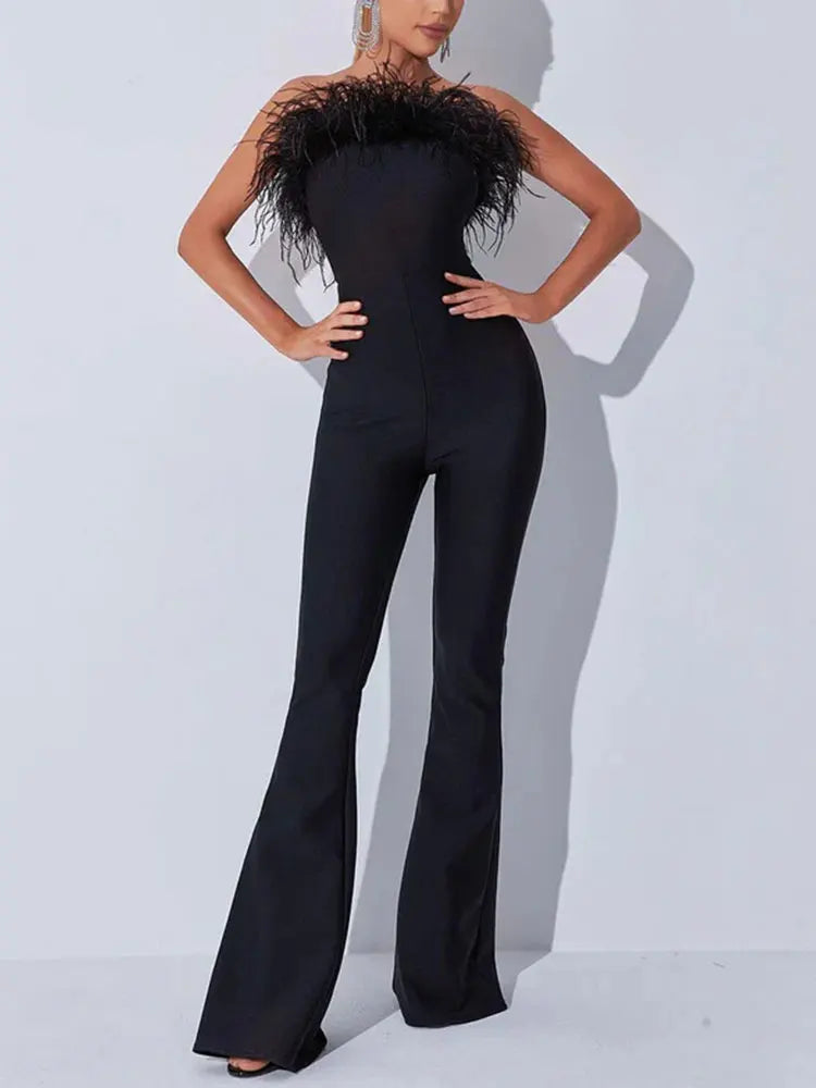 FZ Women's Strapless Sleeveless Off Shoulder Feather Jumpsuit - FZwear