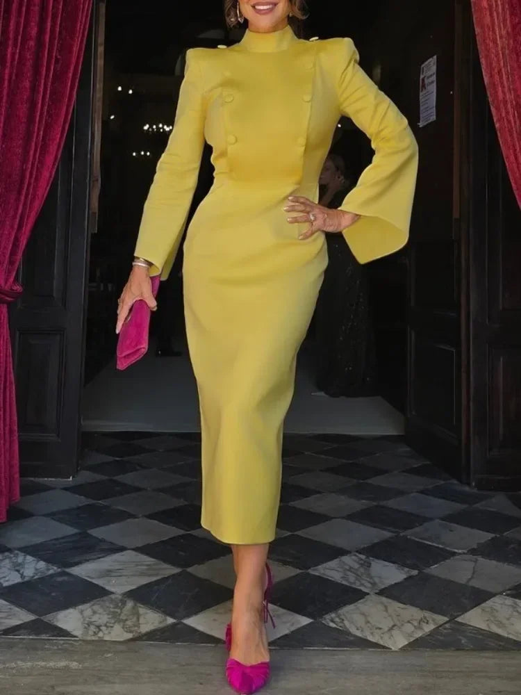 FZ Women's Buttoned High Waisted A-line Flared Sleeves Evening Dress